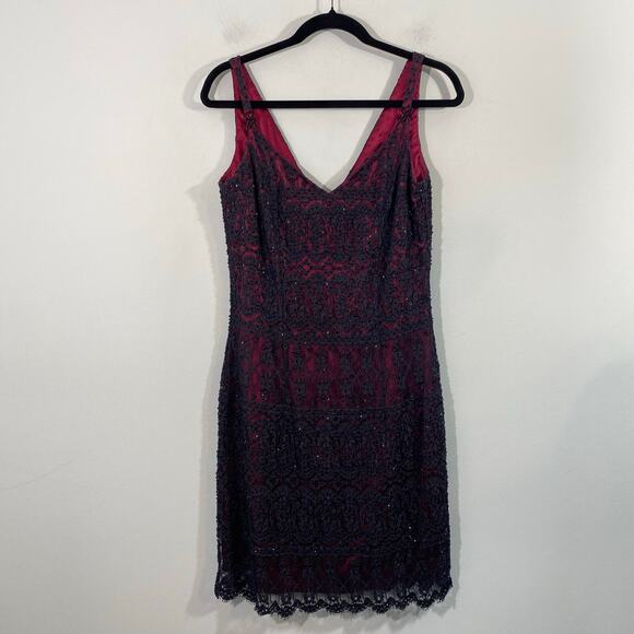 Niteline Black Red Overlay Lace Beaded Sleeveless Sheath Cocktail Dress Size 10 - Picture 1 of 8
